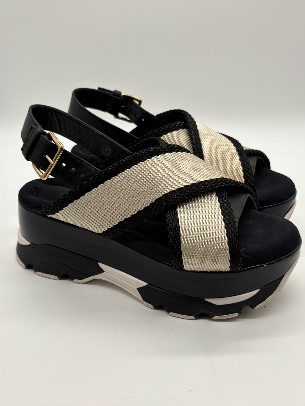 Marni Sam Chunky Black and Cream Crisscross Platform Slingback Sandals